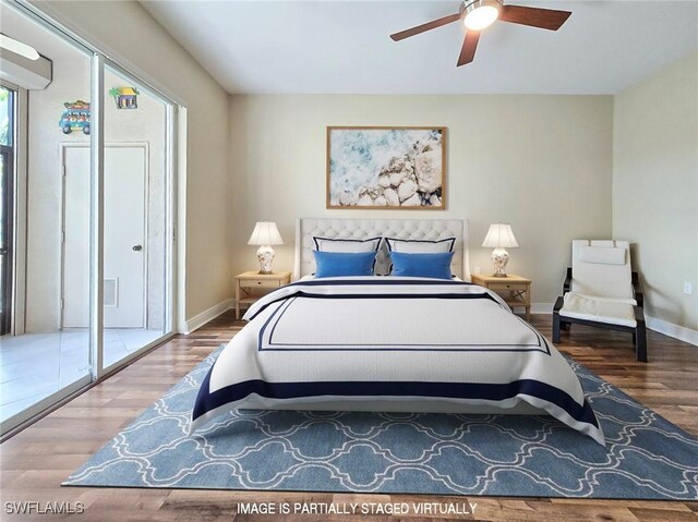 bedroom with hardwood / wood-style floors and ceiling fan