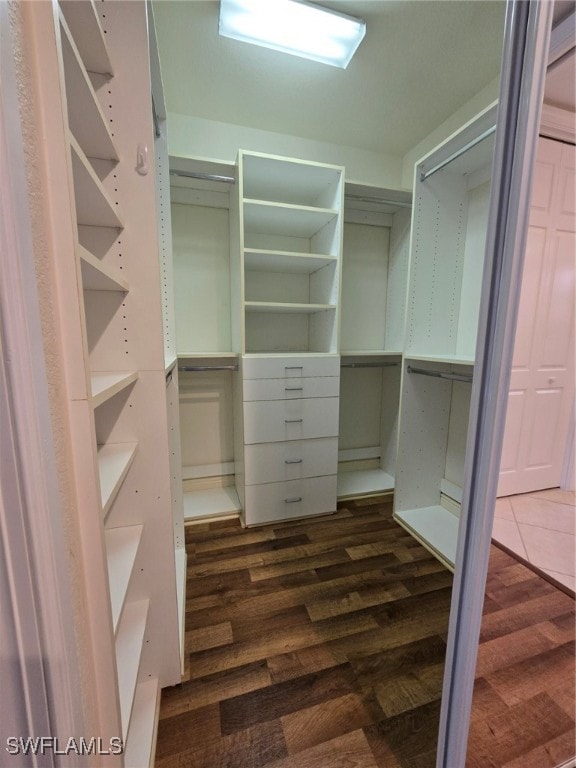 walk in closet with dark wood-type flooring