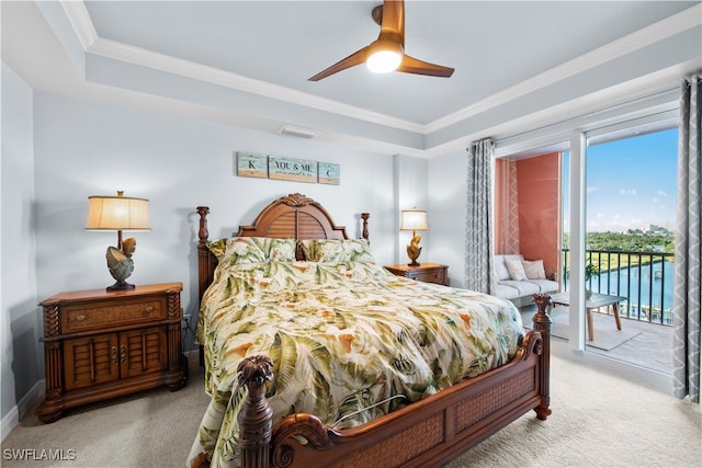 bedroom featuring access to outside, a raised ceiling, ceiling fan, crown molding, and light colored carpet