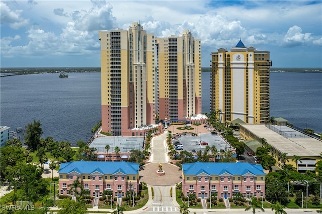 aerial view featuring a water view