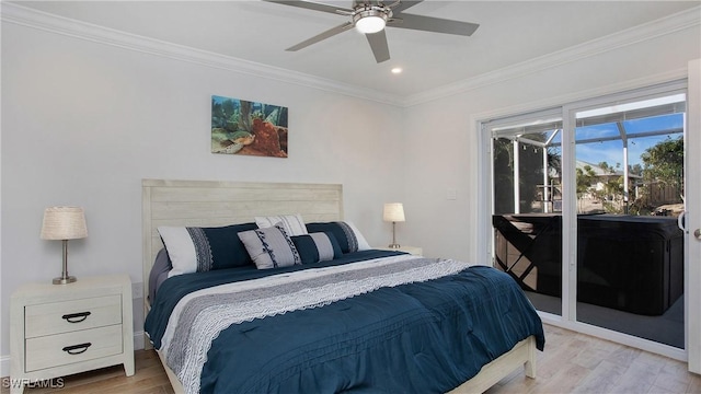 bedroom featuring access to exterior, ceiling fan, light hardwood / wood-style flooring, and crown molding