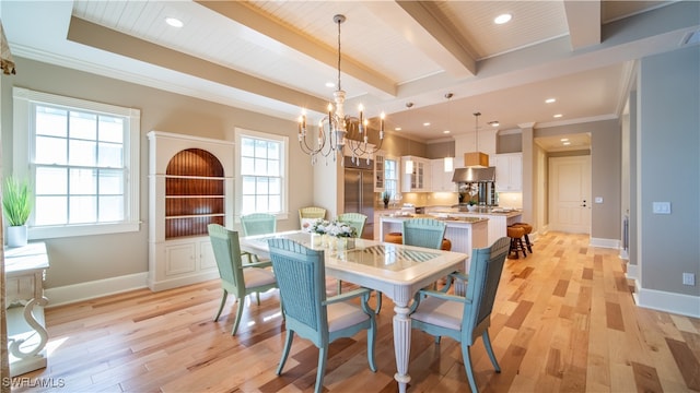 dining room with ornamental molding, a chandelier, wooden ceiling, beamed ceiling, and light hardwood / wood-style floors