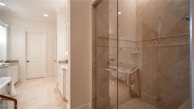 bathroom featuring vanity, an enclosed shower, and ornamental molding