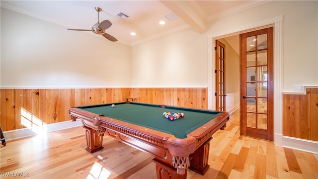 game room with pool table, french doors, ornamental molding, and light hardwood / wood-style flooring