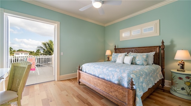 bedroom with access to outside, ceiling fan, light hardwood / wood-style floors, and ornamental molding