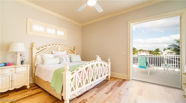 bedroom with access to exterior, ceiling fan, crown molding, and light wood-type flooring