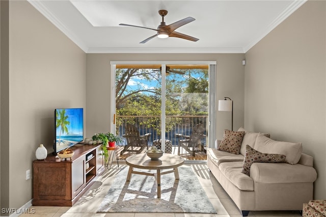 living room featuring ceiling fan and crown molding