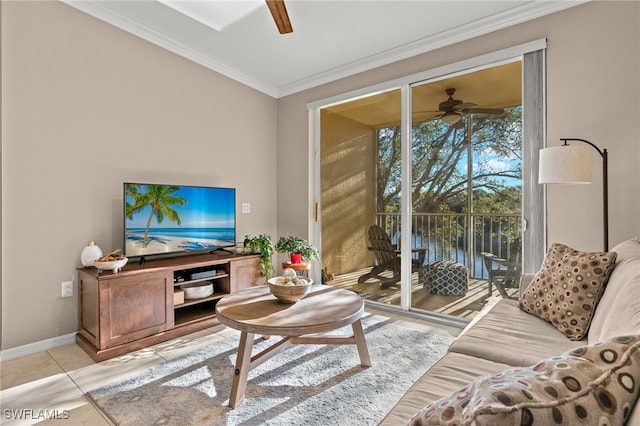 living room featuring light tile patterned floors, ceiling fan, and ornamental molding