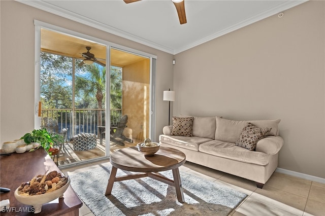 tiled living room with ceiling fan and ornamental molding