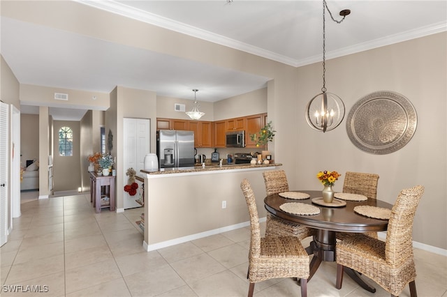 dining space with light tile patterned floors, an inviting chandelier, and ornamental molding