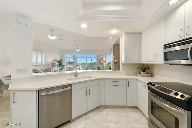 kitchen featuring a raised ceiling, sink, kitchen peninsula, and stainless steel appliances