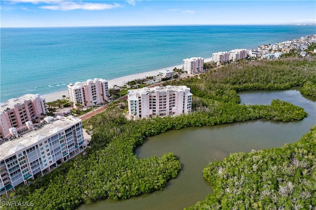 bird's eye view featuring a water view and a beach view