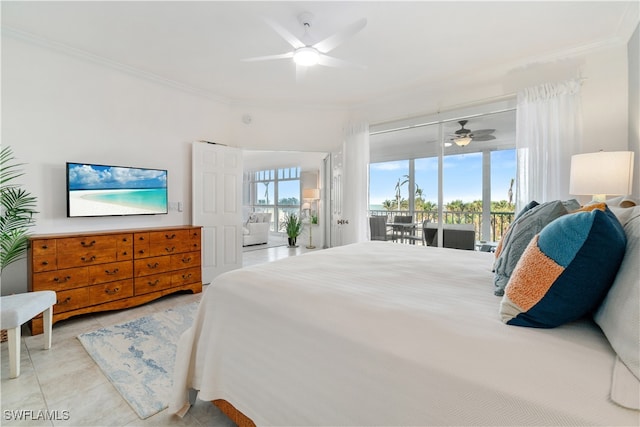 tiled bedroom with access to outside, multiple windows, ceiling fan, and crown molding