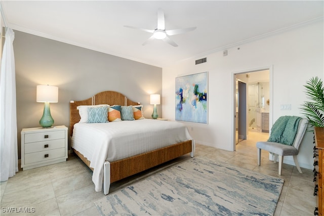 bedroom with connected bathroom, ceiling fan, light tile patterned floors, and ornamental molding