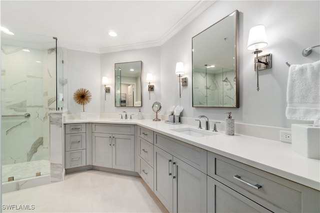 bathroom with a shower with shower door, ornamental molding, and vanity