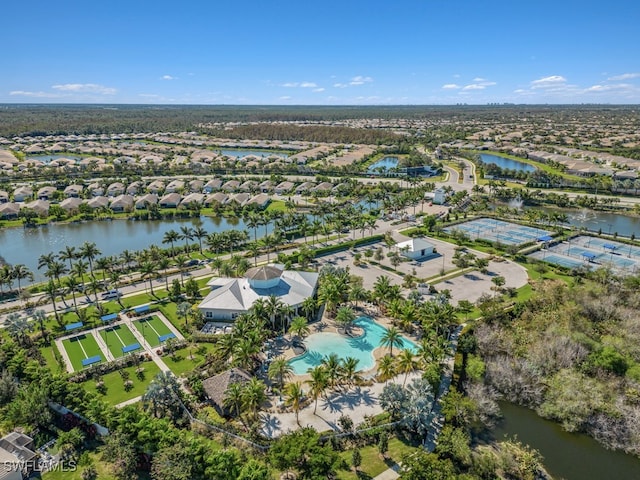 drone / aerial view with a water view