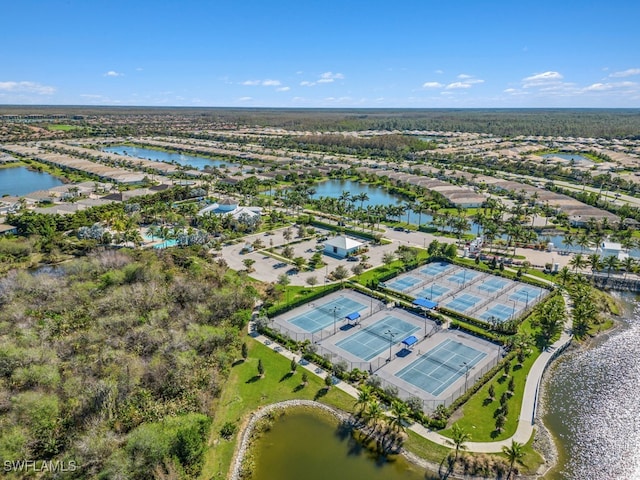 birds eye view of property featuring a water view