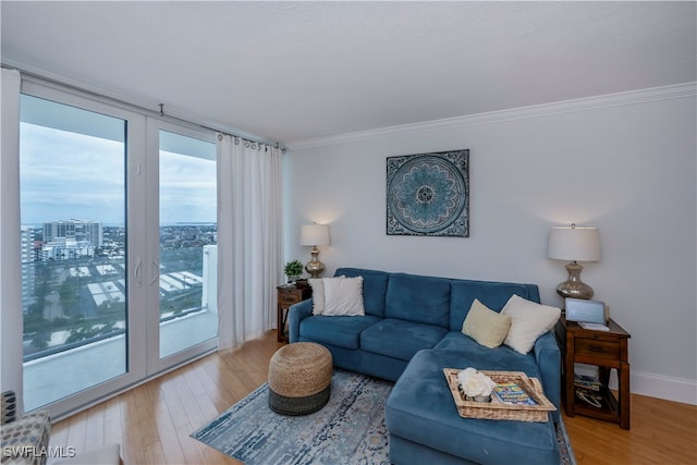 living room with wood-type flooring and crown molding