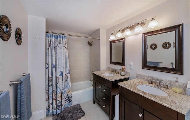 58 N Collier Blvd Unit 2010, Marco Island, FL 34145 - full bathroom featuring shower / bath combination with curtain, two vanities, and tile patterned flooring