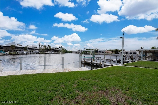 dock area with a yard and a water view