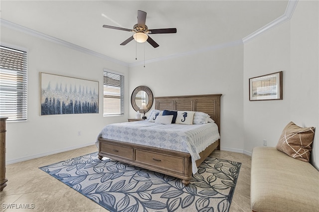 tiled bedroom featuring ceiling fan and crown molding