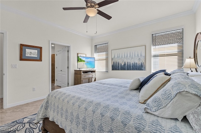 carpeted bedroom with ceiling fan and crown molding