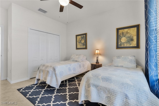 bedroom with ceiling fan and a closet