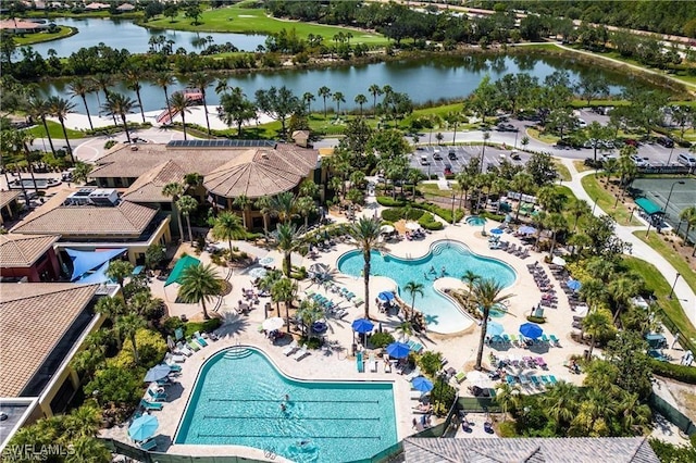 aerial view featuring a water view