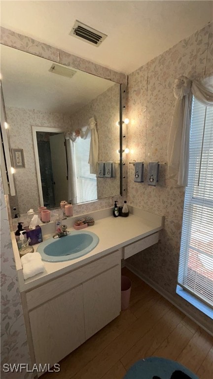 bathroom featuring plenty of natural light, wood-type flooring, and vanity