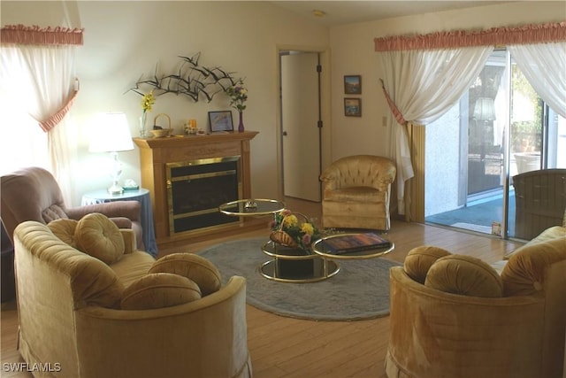 living room featuring lofted ceiling and light wood-type flooring