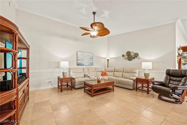 living room featuring ceiling fan, light tile patterned flooring, and crown molding