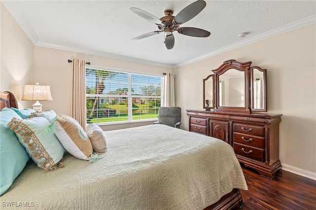 bedroom with a textured ceiling, ceiling fan, dark hardwood / wood-style floors, and ornamental molding