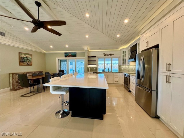 kitchen with a spacious island, white cabinetry, wooden ceiling, stainless steel appliances, and backsplash