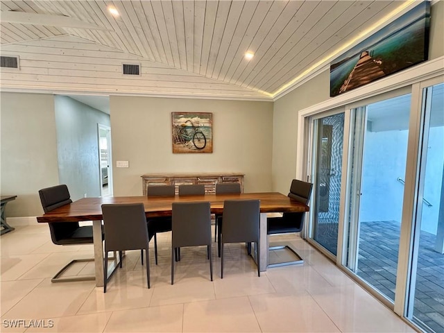 dining space featuring light tile patterned floors, vaulted ceiling, and wooden ceiling