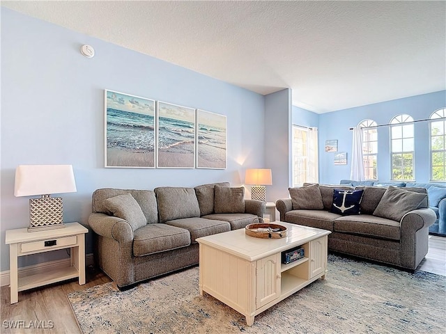 living room with a textured ceiling and light hardwood / wood-style flooring