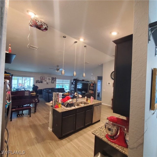 kitchen featuring light wood-type flooring, stainless steel dishwasher, and a healthy amount of sunlight