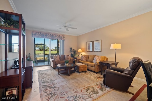 living room featuring light tile patterned floors, ceiling fan, and crown molding