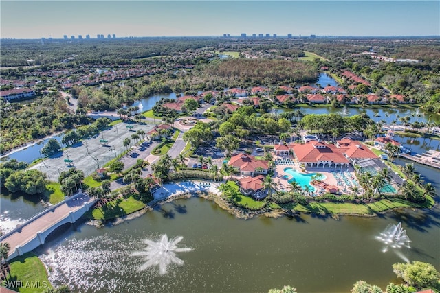 drone / aerial view featuring a water view