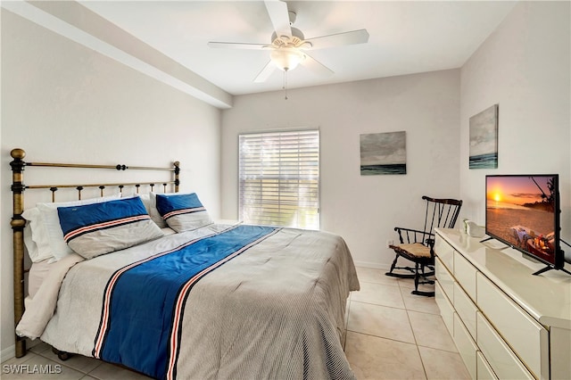 bedroom featuring ceiling fan and light tile patterned floors