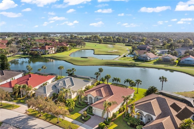 bird's eye view featuring a residential view, view of golf course, and a water view