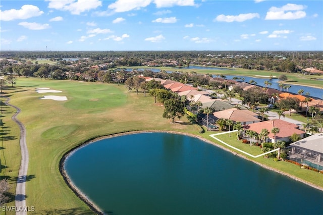 bird's eye view with golf course view, a water view, and a residential view