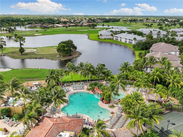 aerial view featuring a water view and view of golf course