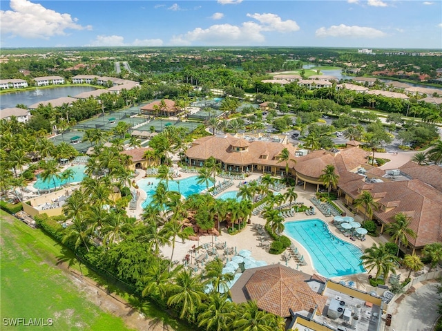 birds eye view of property featuring a water view