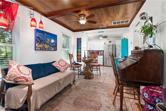 living room featuring wooden ceiling, beamed ceiling, and light tile patterned flooring