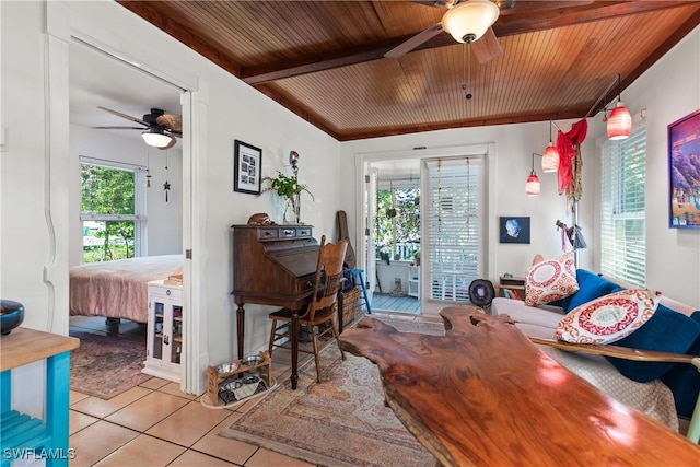 tiled home office featuring wooden ceiling and ceiling fan