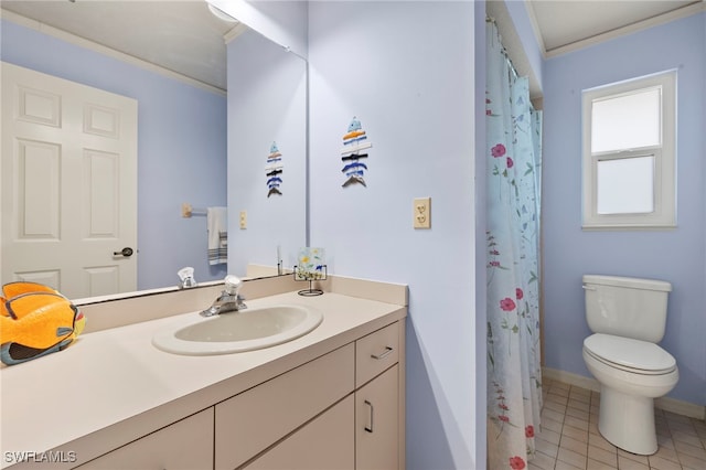 bathroom with vanity, crown molding, tile patterned flooring, a shower with shower curtain, and toilet