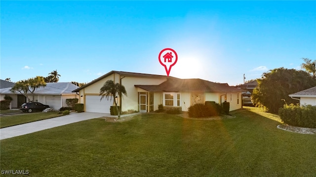 ranch-style home with a front lawn and a garage