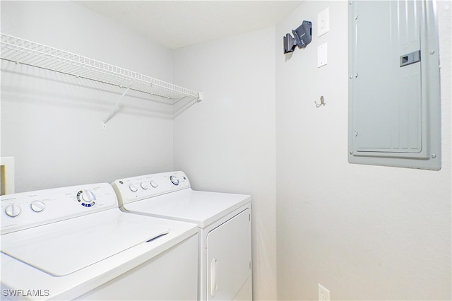 laundry area featuring electric panel and washing machine and dryer