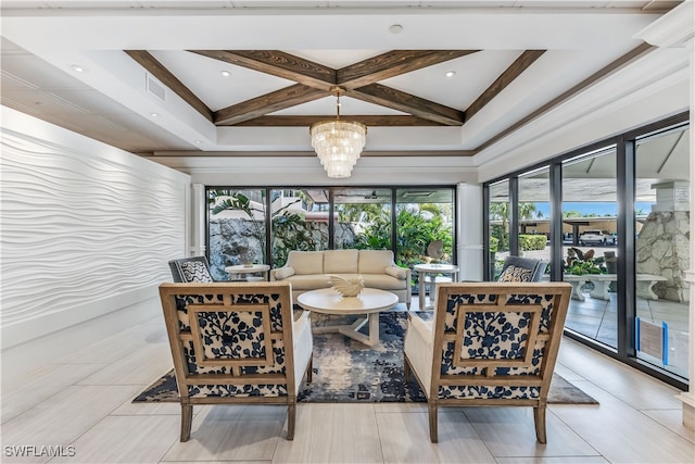 interior space with beam ceiling and a chandelier