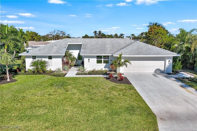381 Norwood Ct, Fort Myers, FL 33919 - mid-century modern home featuring a garage, driveway, a front yard, roof with shingles, and stucco siding